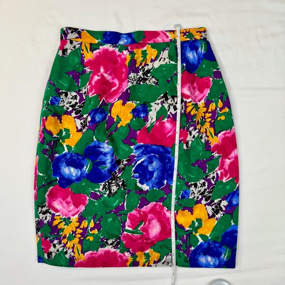 Vintage 100% Silk Floral Pencil Skirt Size 2 Multicolor High Waist Made in Korea - Picture 3 of 9